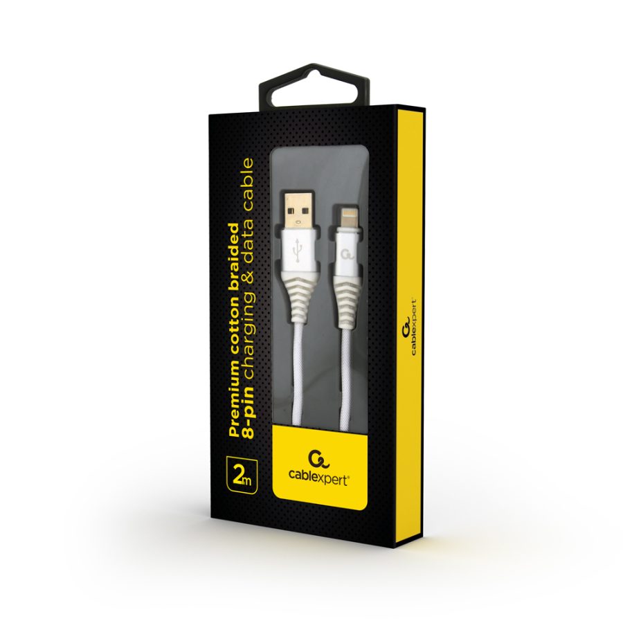 Kabl za telefon Gembird Premium cotton braided 8-pin charging and data cable, 2m, silver white  CC-USB2B-AMLM-2M-BW2